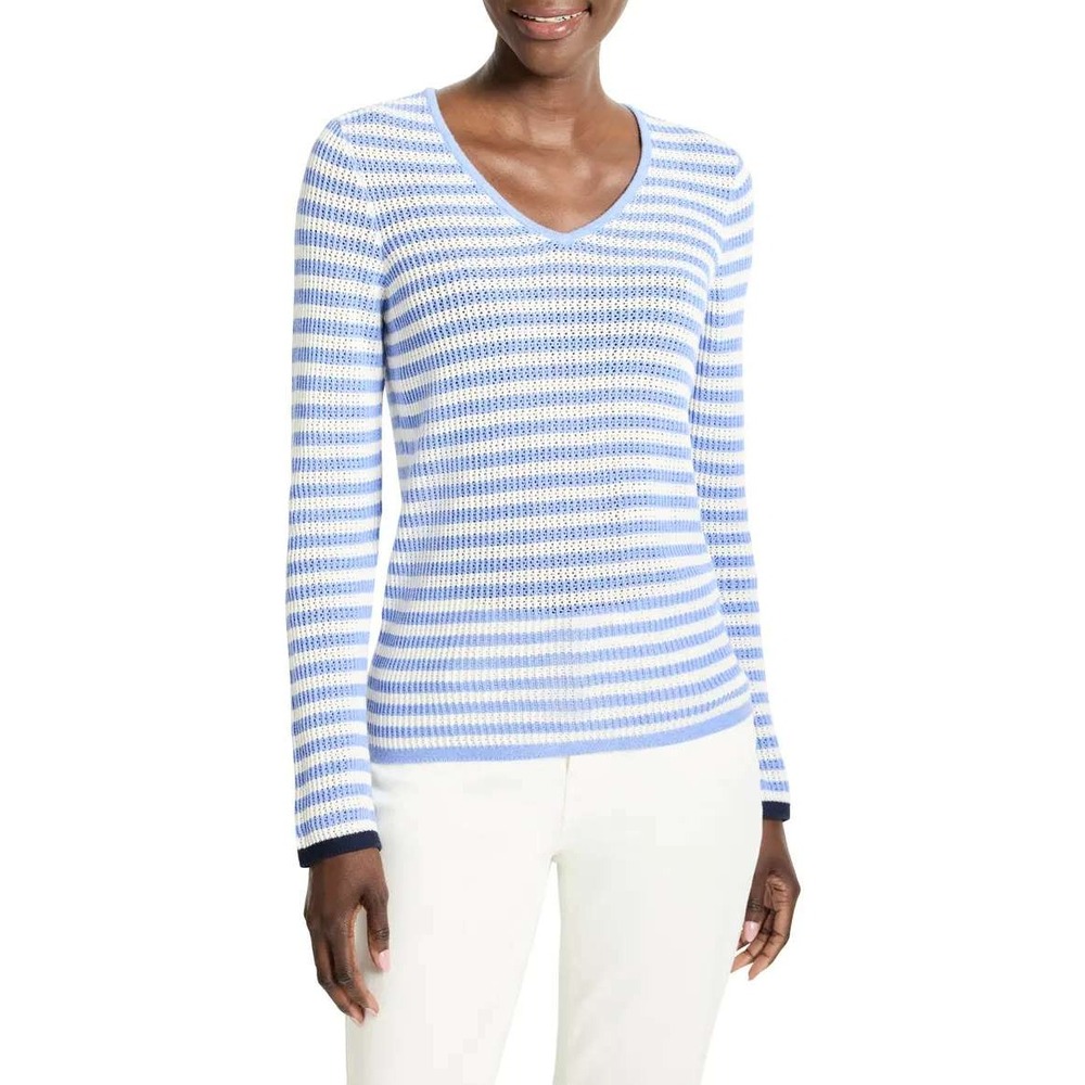 Nic+Zoe Blue Multi Striped Open Knit Scoop Neck Sweater NEW With Tags